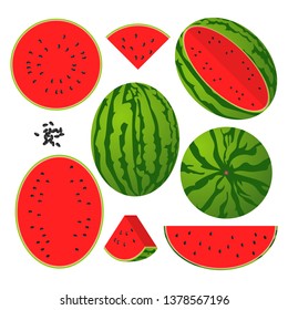 Watermelon vector illustration set. Whole, sliced and halved Watermelon graphics.