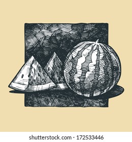  watermelon, vector illustration stylized as engraving.