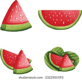 Ilustración vectorial de la sandía. sandía, entera, rebanada, mitades, rodajas, cuartos, semillas, sandía. acuarela
