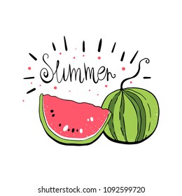 Watermelon. Vector illustration with the word "summer". Lettering. Scandinavian motives. Drawing by hand. a cute, colorful print
