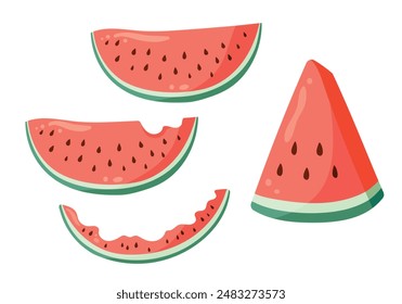Watermelon vector illustrations set with watermelon slices. Flat vector style drawings for food graphics, summer designs, menu, logo, stickers.