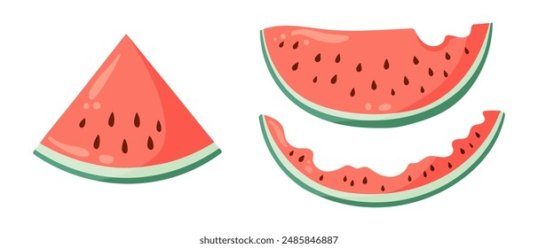 Watermelon vector illustrations set with watermelon slices. Flat vector style drawings for food graphics, summer designs, menu, logo, stickers.