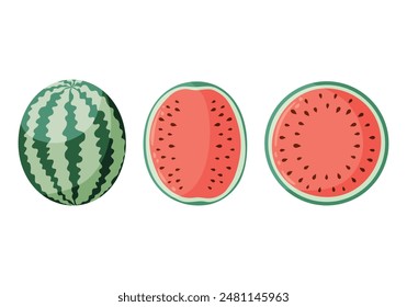 Watermelon vector illustrations set with whole watermelon and watermelon halves. Flat vector style drawings for food graphics, summer designs, menu, logo, stickers, greeting cards, invitations.