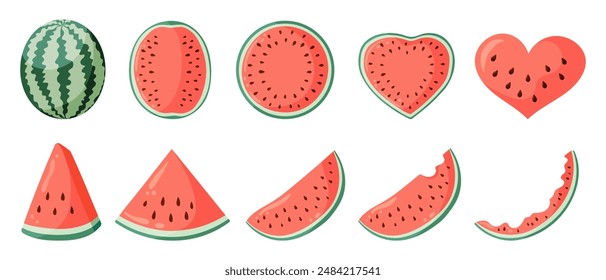 Watermelon vector illustrations set with whole watermelon and watermelon slices. Flat vector style drawings for food graphics, summer designs, menu, logo, stickers.