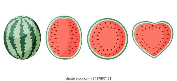 Watermelon vector illustrations set with whole watermelon and watermelon halves. Flat vector style drawings for food graphics, summer designs, menu, logo, stickers, greeting cards, invitations.