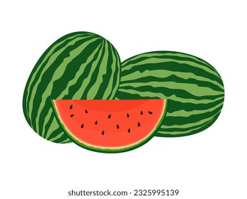 Watermelon vector. Juicy piece and two whole watermelon in flat style isolated on white background. Summer food concept. Vector illustration