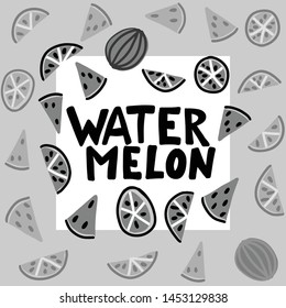 Watermelon vector lettering. Red and green background. Tropical food graphic text. Full slice seed.