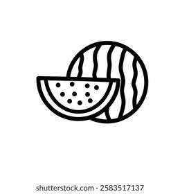 Watermelon with vector line art. Minimalist simple outline, food icon. Hand drawn fruit illustration