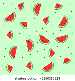 Watermelon vector pattern on green background for decoration. Repeating watermelon pattern. Fruit vector pattern.