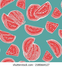 Watermelon vector pattern for wallpaper, wrapping paper, textile fabric print, fruit shop. Summer holiday, healthy food, vegan eating, exotic nature theme. Decorative background. Hand drawing.