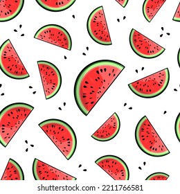 Watermelon vector seamless pattern. Cut slices and seeds on white background. Best for textile, wallpapers, home decoration, wrapping paper, package and web design.