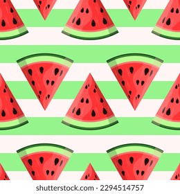 Watermelon vector seamless pattern. Cut slices on white and green striped background. Best for textile, wallpapers, home decoration, wrapping paper, package and web design.