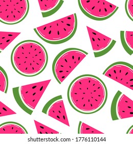 Watermelon vector seamless pattern. Fresh fruit slices. Flat design. Ideal for wrapping paper, textile, wallpaper. Vector illustration isolated on white background.