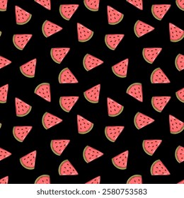 Watermelon vector seamless pattern. Ripe fruit pieces, halved and sliced. Fresh organic fruit illustration on black background for print,  fabric, swatch. Healthy vegan food