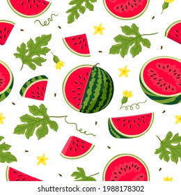 Watermelon vector Seamless pattern. Watermelon, whole, sliced, halves, slices, quarters, seeds, inflorescence and leaves for fabric, tablecloth, kitchen textiles, for clothing, wrapping paper