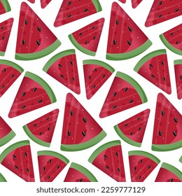 Watermelon vector Seamless pattern. Watermelon, whole, sliced, halves, slices, quarters, seeds, inflorescence and leaves for fabric, tablecloth, kitchen textiles, for clothing, wrapping paper.