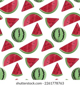 Watermelon vector Seamless pattern. Watermelon, whole, sliced, halves, slices, quarters, seeds, inflorescence and leaves for fabric, tablecloth, kitchen textiles, for clothing, wrapping paper.