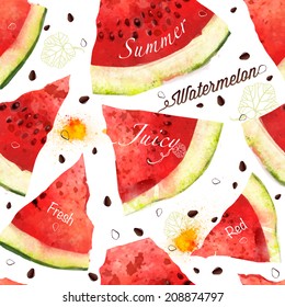 Watermelon vector seamless watercolor pattern, juicy piece, summer composition of red slices of watermelon. handiwork.. For you designs.