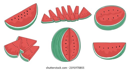 Watermelon vector set designed in doodle style on white background. for decoration, digital print, sticker, fruit illustration, fruit shop, card, art for kids and more