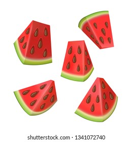 Watermelon vector set of red color, watermelon with black seeds. Juicy summer tropical fruits. Vector illustration with slices of watermelons