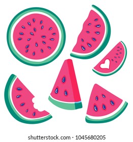 Watermelon vector set of red watermelon flesh with black seeds. Juicy summer tropical fruits. Vector illustration with slices of watermelons.