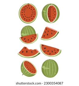 Watermelon vector from several sides, Fresh watermelon isolated on white background. Applicable for fruit juice advertising, Vector illustration, merchandise design, poster design, etc.