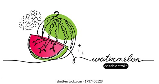 Watermelon vector sketch, illustration, banner in modern memphis style. One continuous line drawing. Minimalist banner, background, poster with lettering watermelon and editable stroke.