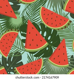 Watermelon wedges with green tropical leaves vector seamless pattern. Fruit summer seamless pattern with watermelon slices. Useful for wrapping paper and decorations.