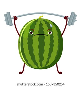 Watermelon weightlifter character. Funny Fruit poster with vector watermelon athlete character. Cartoon style