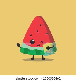 watermelon who is eating snacks and eating cakes voraciously because he likes to eat