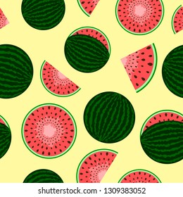 Watermelon whole and cut. Seamless pattern for summer or spring mood. Delicious sweet fruit or dessert. Figure for fabric