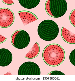 Watermelon whole and cut. Seamless pattern for summer or spring mood. Delicious sweet fruit or dessert. Figure for fabric