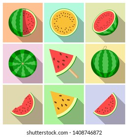 Watermelon. Whole fruit and fresh juicy watermelon slices. Vector illustration icon