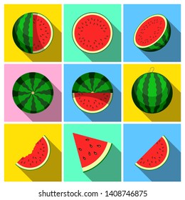 Watermelon. Whole fruit and fresh juicy watermelon slices. Vector illustration icon