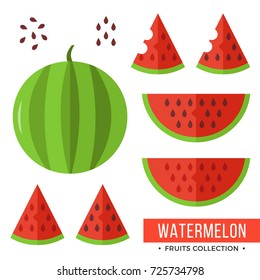 Watermelon. Whole watermelon and parts, slices, seeds. Set of fruits. Flat design graphic elements. Vector illustration isolated on white background
