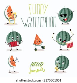 Watermelon whole and watermelon pieces cute funny characters with different poses and emotions, with musical instruments. Vector illustration, set. Healthy food, vitamins. Children concept.