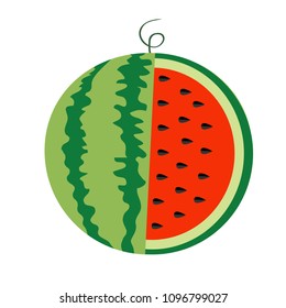 Watermelon whole ripe green stem icon. Slice cut half seeds. Green Red round fruit berry flesh peel. Healthy food. Sweet water melon. Tropical fruits collection. White background. Isolated. Vector