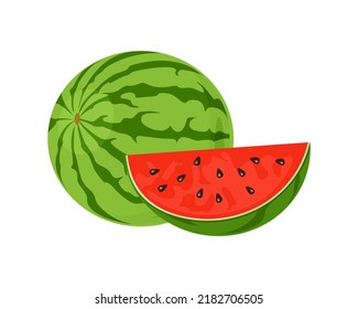 Watermelon whole and slice isolated on white. Vector cartoon flat illustration of fresh fruit.