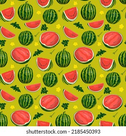Watermelon whole and slice seamless pattern. Berry fruit vector illustration for wallpaper, wrapping paper, textile, fabric, print