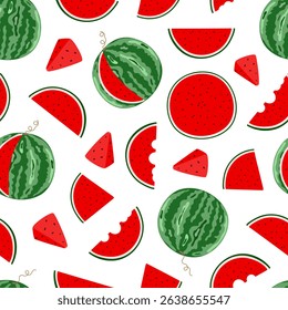 Watermelon whole and slices seamless pattern, sweet ripe fruit, red flesh with seeds, green rind, organic diet ingredient for dessert, healthy vegan food image for summer projects, gift paper, textile