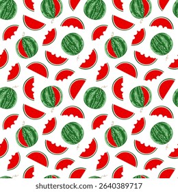 Watermelon whole and slices seamless pattern, sweet ripe fruit, red flesh with seeds, green rind, organic diet ingredient for dessert, healthy vegan food image for summer projects, gift paper, textile