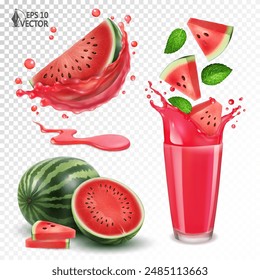 Watermelon, whole and slices, vector realistic set. Glass of fresh juice with natural mint leaves and falling fruit pieces, transparent splash. Summer refreshing drink. 3D isolated food illustration