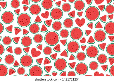 Watermelon Wide Seamless pattern Summer surface design. Vector illustration isolated on white background. Watermelon pieces in the shape of a round, triangular and heart.