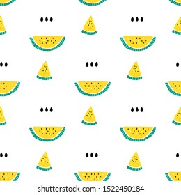 Watermelon yellow background with black and white seeds. Seamless vector watermelons pattern. Background with watercolor vector watermelon slices. Cute seamless vector pattern with watermelons.