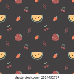 Watermelon yellow cartoon so cute. On cherry strawberry carrot black background. Pattern seamless vector illustration. 