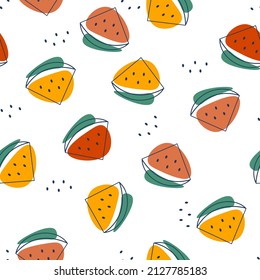 Watermelon yellow and red pattern. Abstract spots with halves of ripe watermelon berry on a seamless white background. Modern cool and trendy pattern for kids design decoration. Vector illustration