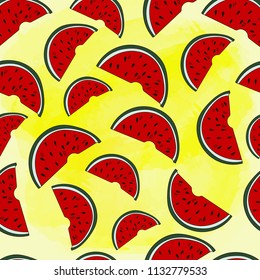 Watermelon with yellow watercolor texture. Vector Repeat Seamless Pattrern. Great for fabric, packaging, wallpaper, invitations.Watermelon seamless pattern.