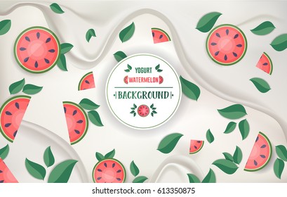 Watermelon in yogurt splash on white cream background. Vector illustration.