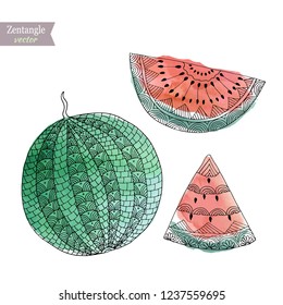 Watermelon zentangle stylized, vector illustration, hand drawn pencil. Lace. Zen art.