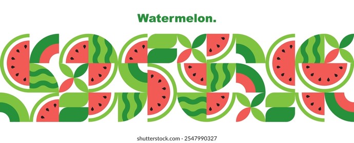 Watermelon.Abstract geometric design.Fruits and slices.Set of icons in simple flat style.Elements isolated on a white background.Seamless pattern, border.Organic food.Vector illustration.